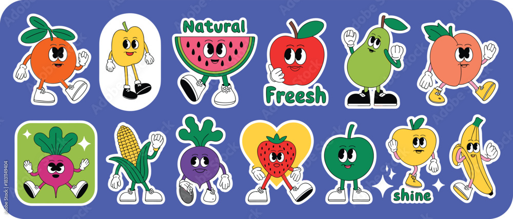 Obraz premium Cute cartoon fruit characters with expressive faces and playful poses, colorful healthy food stickers for kids and branding designs, flat vector illustration