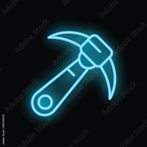 Blue neon icon of a pickaxe glowing on a black background, representing mining and cryptocurrency