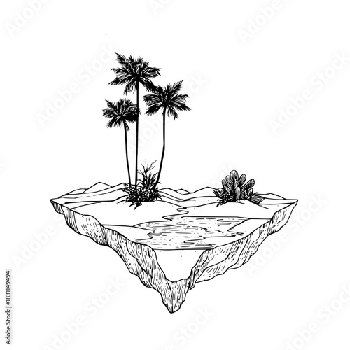 Island oasis drawing with palm trees and water for travel and vacation themed designs and illustrations