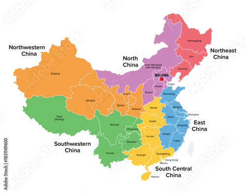 Regions of China, multi colored political map. The six statistical regions of China, with its capital Beijing, and with provinces, municipalities, and autonomous regions. Isolated illustration. Vector
