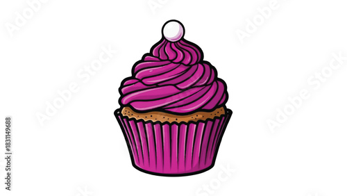 Delicious Pink Frosted Cupcake with White Pearl Topping.