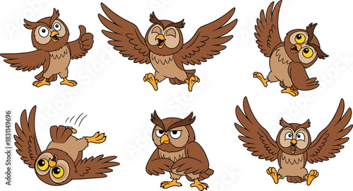 Cartoon owl character set with emotions, funny poses, expressive birds, flat vector illustration for kids, animation, education, storytelling