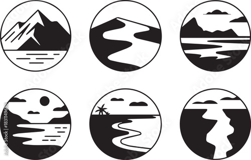 Set of vector beach icons, isolated black and white illustrations, minimal summer and seaside symbols, travel and vacation concept