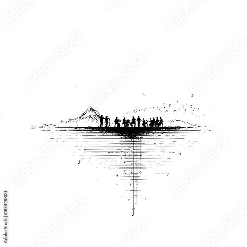 Orchestra silhouette playing music in nature landscape vector art design for creative inspiration