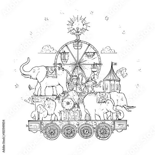 Vintage circus train with elephants ferris wheel and big top tent coloring page for kids and adults
