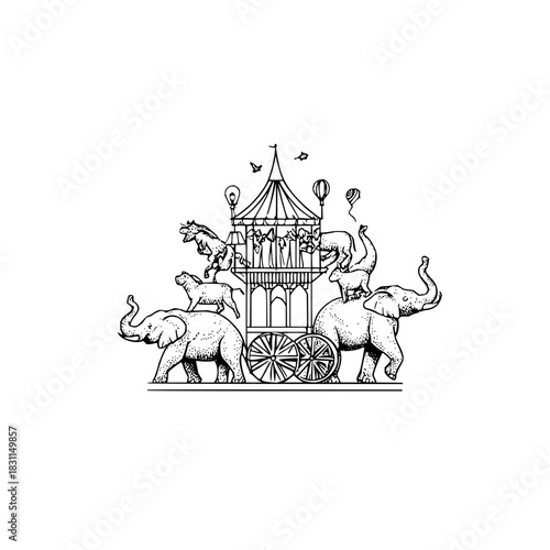 Vintage circus animals elephants horses pigs balancing act illustration vector graphic design art print