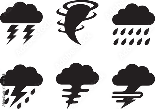 Weather icons set, black and white vector silhouettes, isolated symbols of sun, clouds, rain, snow, storm, minimal meteorology illustration