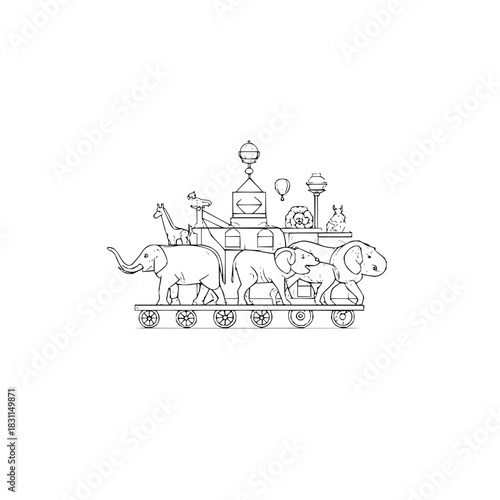Illustration of a whimsical animal train featuring elephants giraffe and other creatures on wheels design art
