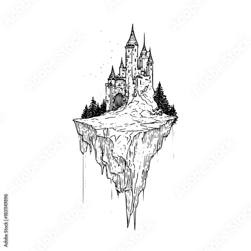 Fantasy floating island castle drawing sketch vector illustration landscape design concept art style graphic