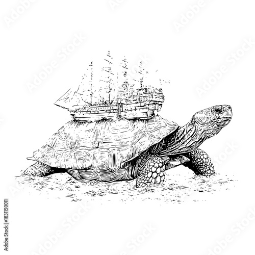 Detailed line art drawing of a turtle carrying a ship on its back fantasy illustration art work