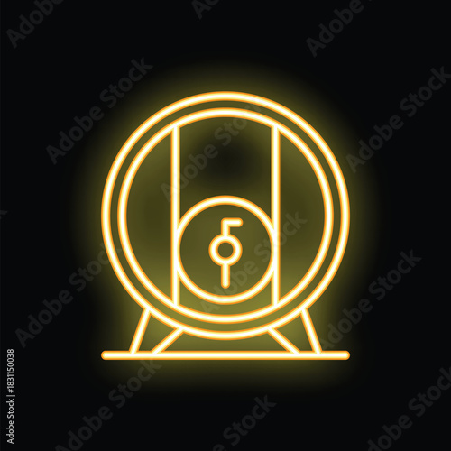 Neon yellow glowing symbol of wooden barrel with beer on black background
