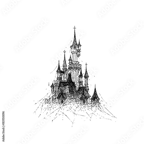 Detailed fantasy castle drawing illustration for architecture and fairy tale lovers and design inspiration
