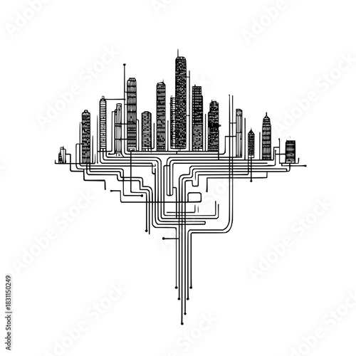 Cityscape technology network connection abstract design skyline architecture buildings modern urban future drawing