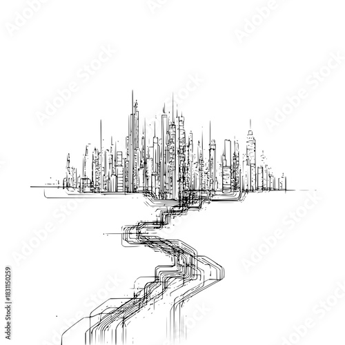 Abstract cityscape skyline illustration of urban architecture with connected network lines art design