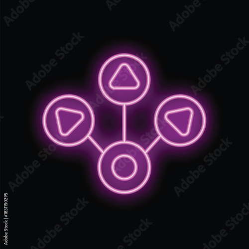 Neon pink glowing organisation chart is featuring play, backwards, and forward buttons, suggesting a hierarchical structure with navigational elements