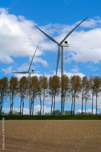 Empty field with trees and wind turbines at the background
