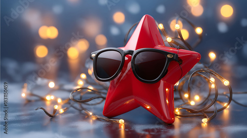 A funny Christmas star in sunglasses striking a Hollywood pose, surrounded by festive lights and snowfall