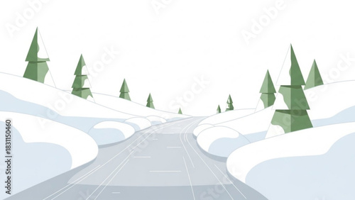 Abstract winter landscape with snowy road and evergreen trees  
