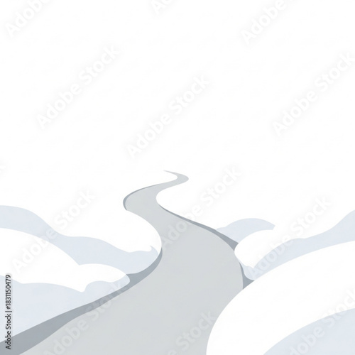 Winding road through snowy landscape with light grey tones  