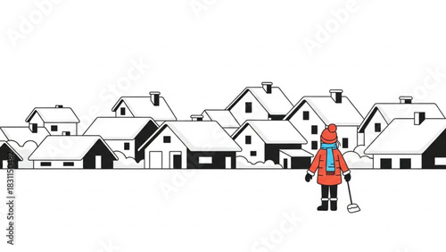 Person shoveling snow in winter near houses in a rural setting  