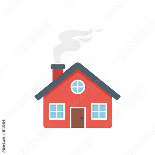 Simple red house with smoke coming from chimney  