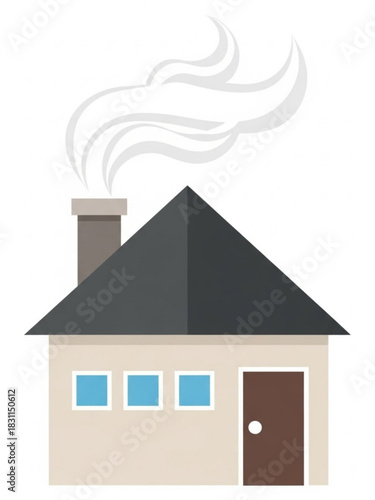 Simple house with smoke coming from chimney on white background  