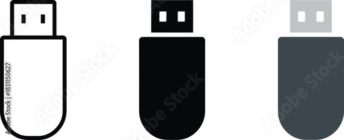 Usb drive vector icon set in outline silhouette and flat design styles on transparent background
