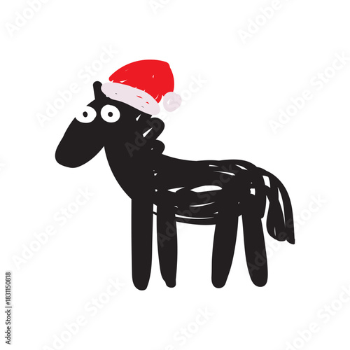 Funny silly horse in Santa Claus hat. Child drawing scribble. Christmas design. Year of the horse.