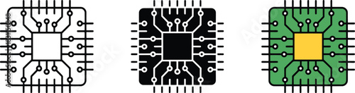 Computer microchip icon set outline glyph and color styles central processing unit vector illustration