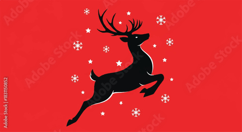 Silhouette of a Reindeer in Mid-Air with Snowflake Accents on Red Background.