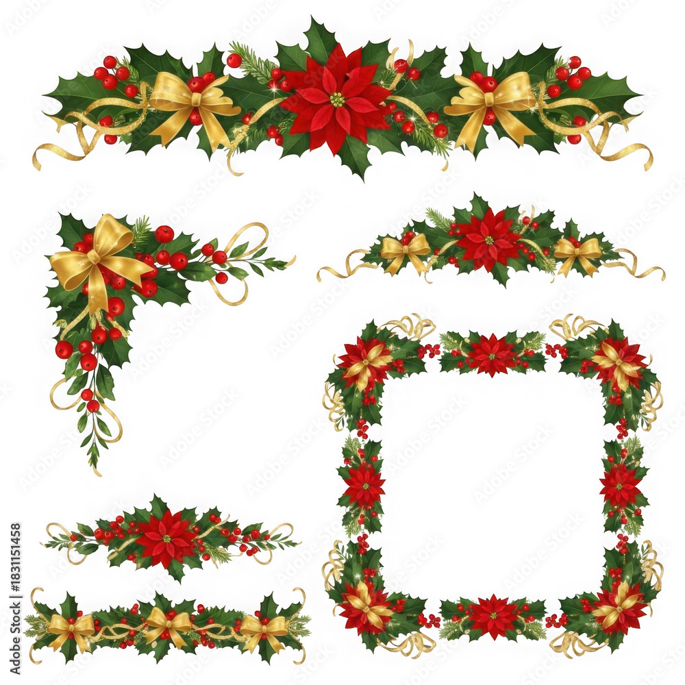 Naklejka premium Decorative christmas holly poinsettia set isolated on transparent background