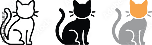 Domestic house feline animal sitting cat icons three variations outline solid filled color collection.