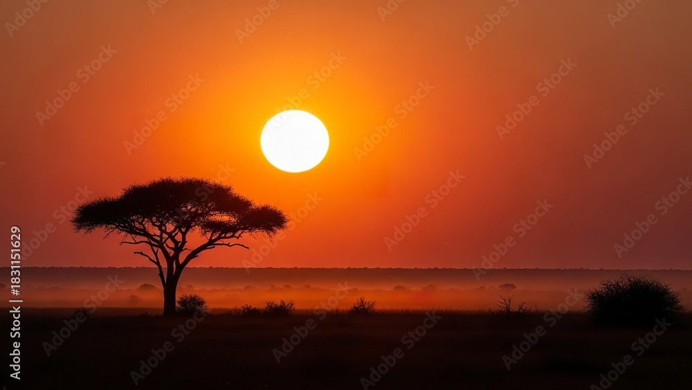 Fototapeta premium A breathtaking silhouette of an acacia tree and sun against a vibrant orange African sunset.