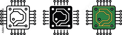 Microchip processor icon set outline glyph and color styles circuit board sign vector illustration