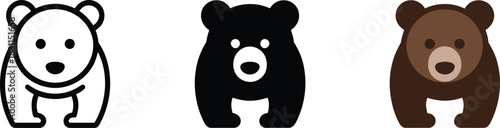 Minimalist front facing vector illustration of a cute wild teddy bear or cub animal icon set
