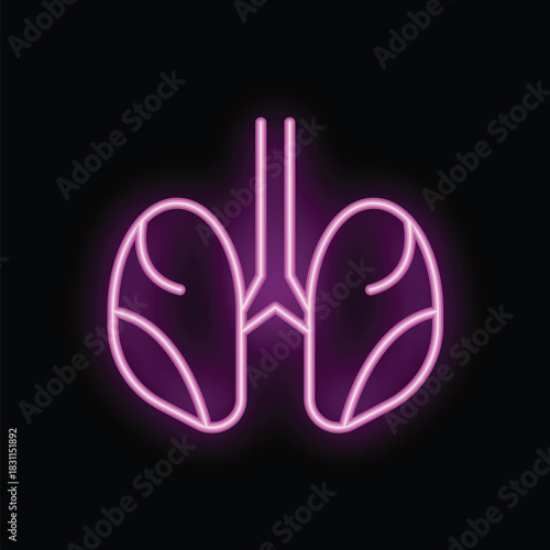 Bright pink neon sign depicting a pair of healthy human lungs on a black background