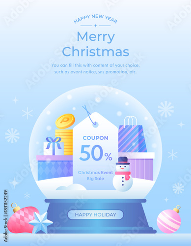 Blue Toned Flat Design vector illustration of a snow globe featuring a snowman and a 50% coupon tag inside for Christmas Big Sale event.