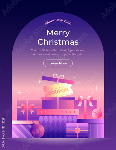 Vibrant Gradient vector illustration of stacked Christmas Gift Boxes and a Coupon tag, set under an arch for holiday event announcement.