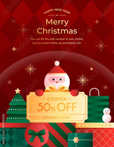 Red and Green Christmas Sale vector illustration featuring Santa Claus holding a 50% OFF Holiday Event coupon with gifts and trees.