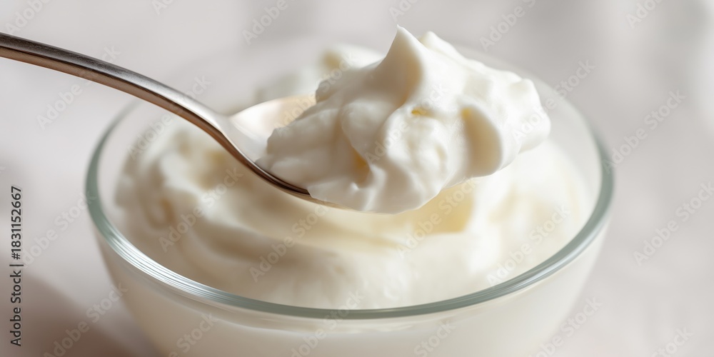 Naklejka premium Creamy textured greek yogurt in glass bowl with spoon