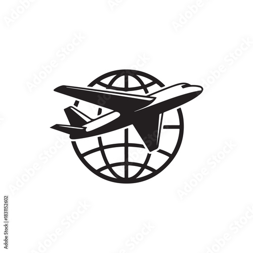 a sleek airplane flying in front of a global world map design representing international travel silhouette