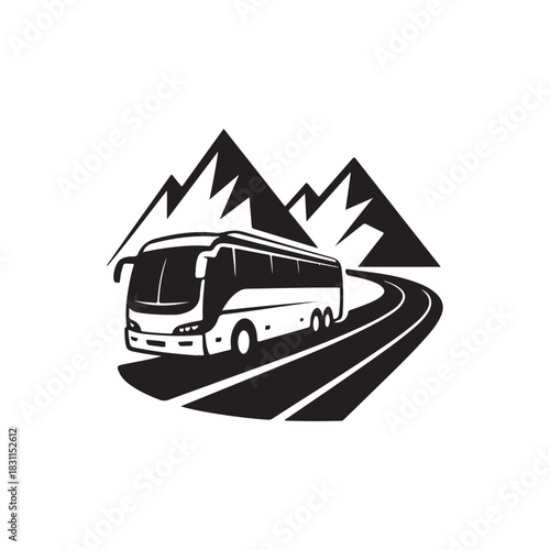 a stylish graphic illustration of a tour bus traveling a winding road near jagged mountains silhouette