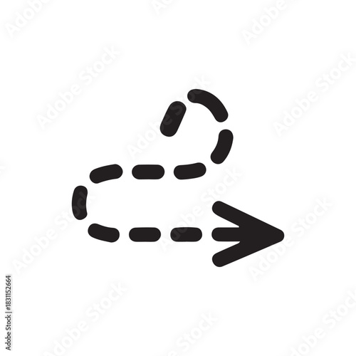 a simple black and white line with an arrowhead representing direction or a path silhouette