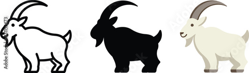 Standing farm animal goat outline silhouette and flat color vector illustrations for livestock design needs.