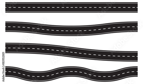 Curved and straight highway collection with dashed center lines in top view. Perfect for navigation maps, travel apps and transportation design projects. Asphalt street vector illustration. 