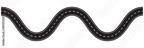 Highway path illustration showing winding asphalt road from top view. Vector street design with curves for travel maps, route planning and navigation concepts isolated on white.