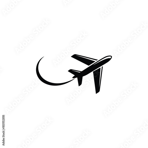 a minimalist depiction of an airplane in flight leaving a curved trail a striking black silhouette