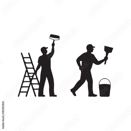 construction workers performing painting and plastering tasks on a white background showcasing labor and renovation work silhouette