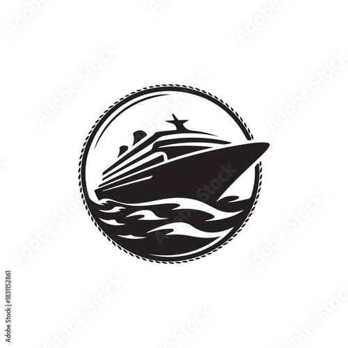 a striking circular emblem featuring a detailed cruise ship sailing through waves framed by a rope border silhouette
