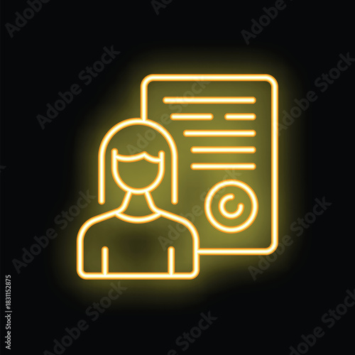 Neon glowing icon of a woman standing next to a copyright certificate representing intellectual property rights